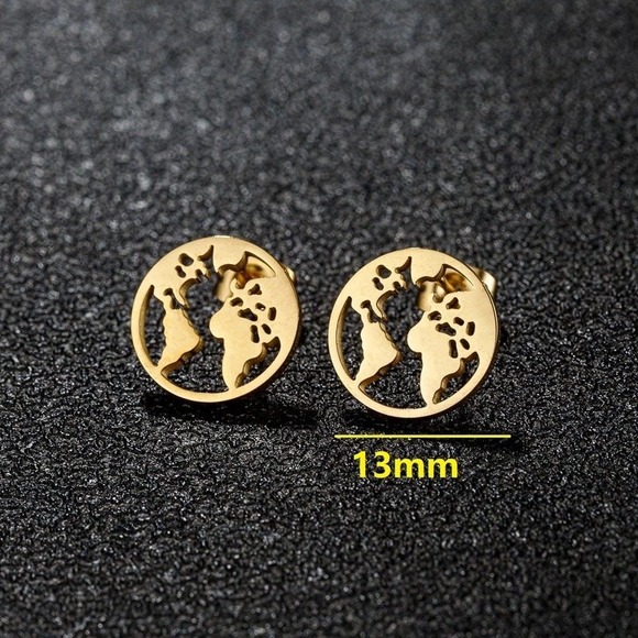 Earth Stud Earrings 18K Gold Plated 304 Stainless‎ Steel - Picture 2 of 2